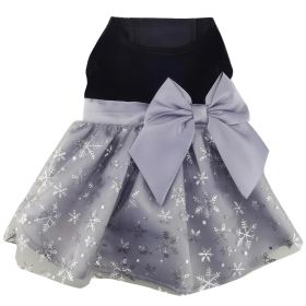 Holiday Dog Harness Dress (Color: Black Velvet with Gray Snowflake Skirt, size: medium)